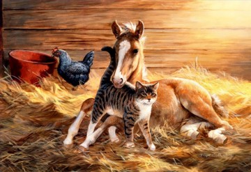 caballo, gato, gallina, en, granero Pinturas al óleo